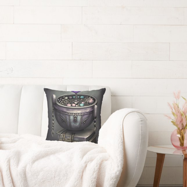 Antique Steampunk Cauldron | Stack of Spellbooks Throw Pillow (Couch)