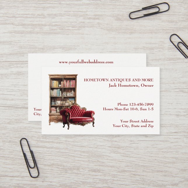Antique Store Dealer Upholsterer Business Card (Front/Back In Situ)
