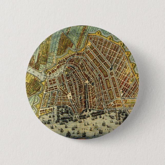 Antique Street Map of Amsterdam, Netherlands 2 Inch Round Button (Front)