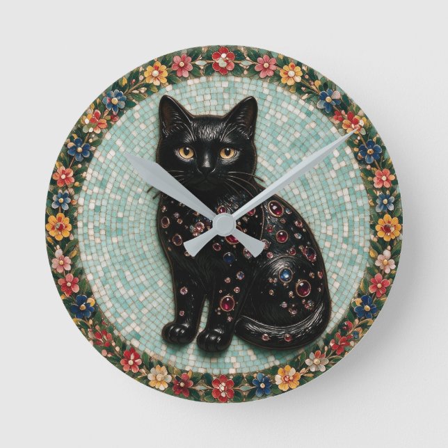 Antique Style Black Cat Mosaic  Round Clock (Front)