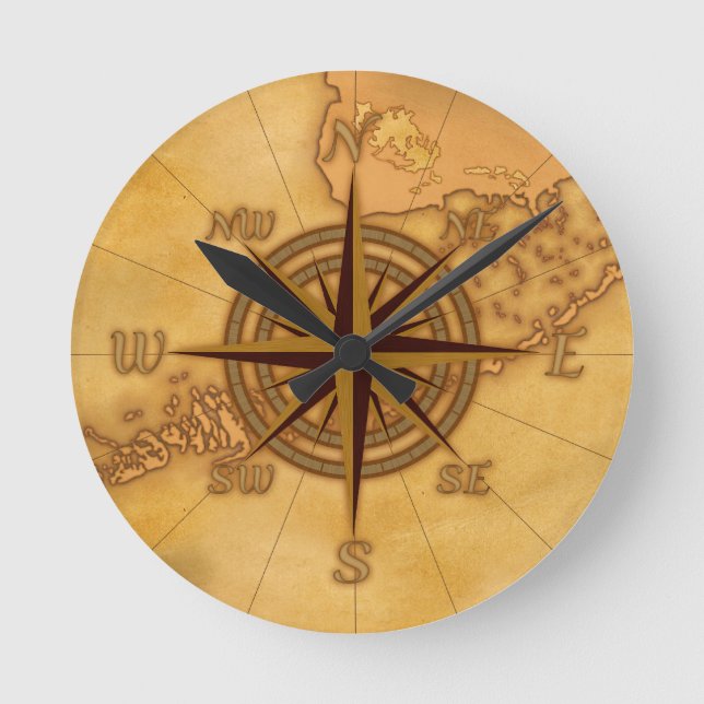 Antique Style Compass Rose Round Clock (Front)