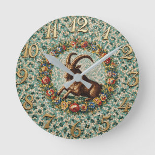 Antique Style Floral  Mosaic Zodiac  Capricorn Round Clock
