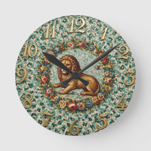 Antique Style Floral Mosaic Zodiac Leo Round Clock