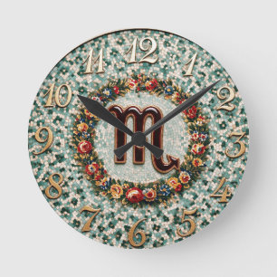 Antique Style Floral Mosaic Zodiac Scorpio Round Clock