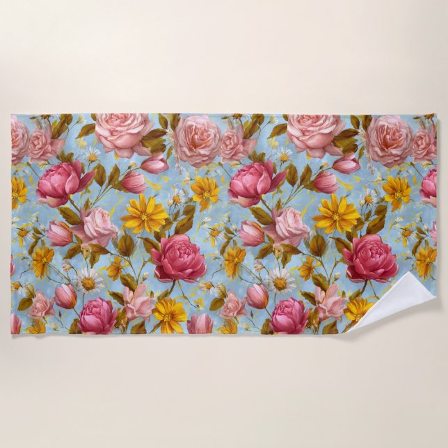 Antique Style Floral Print Beach Towel (Front)