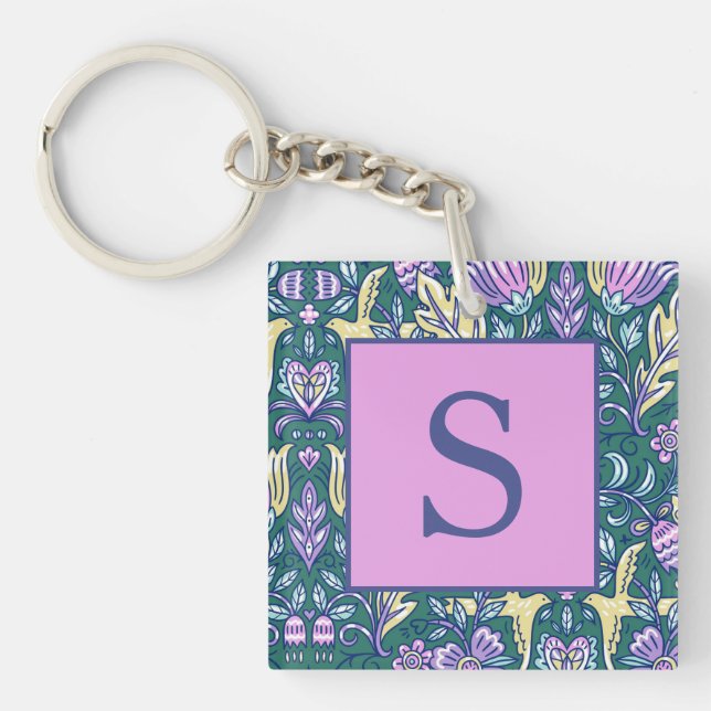Antique Style Flowers and Birds Pattern Monogram Keychain (Front)