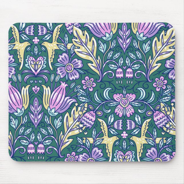 Antique Style Flowers and Birds Pattern Mouse Pad (Front)