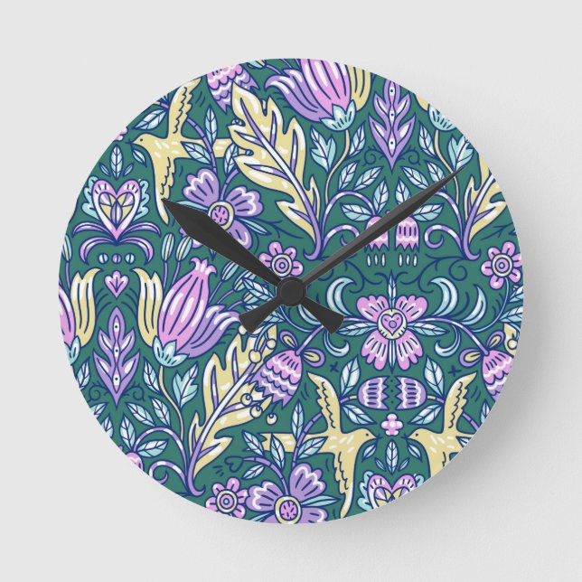 Antique Style Flowers and Birds Pattern Round Clock (Front)