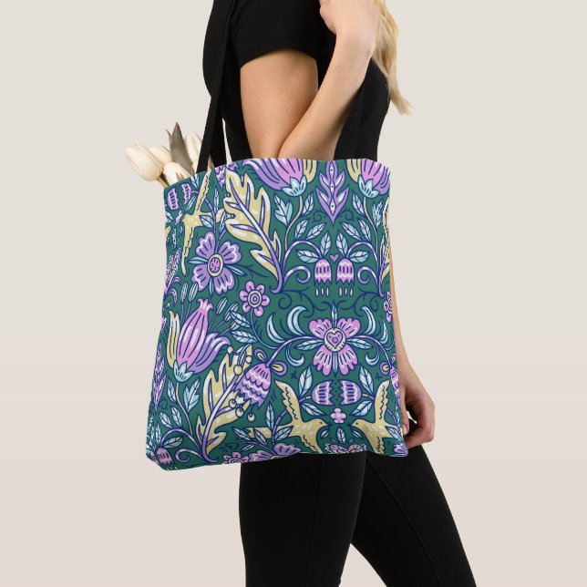 Antique Style Flowers and Birds Pattern Tote Bag (Close Up)