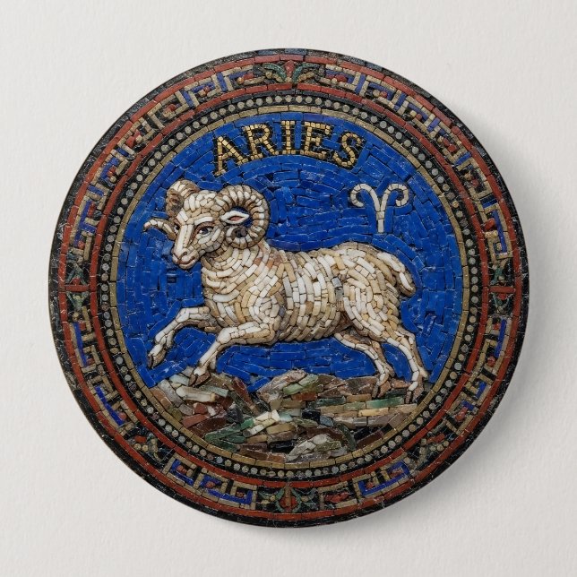 Antique Style Mosaic Zodiac Aries Button (Front)