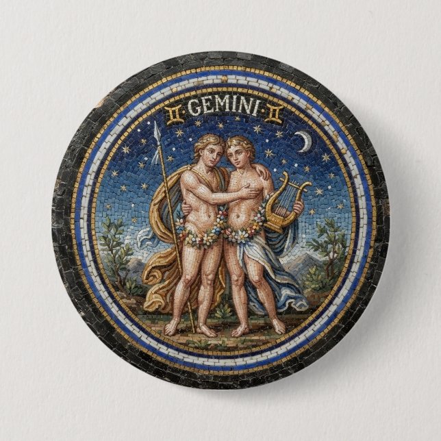 Antique Style Mosaic Zodiac Gemini  3 Inch Round Button (Front)