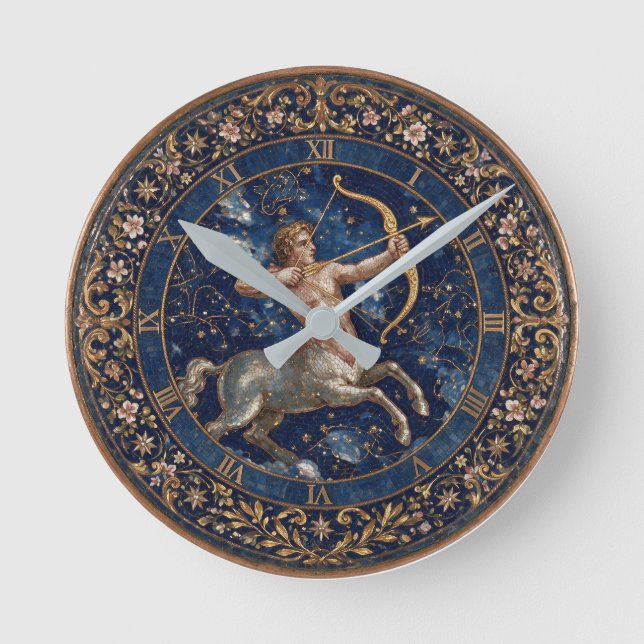 Antique Style Mosaic Zodiac Sagittarius  Round Clock (Front)