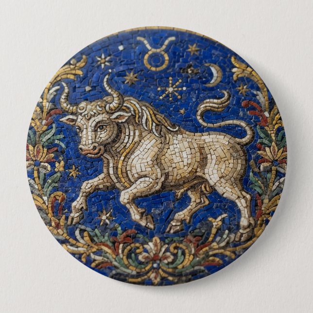 Antique Style Mosaic Zodiac Taurus  4 Inch Round Button (Front)