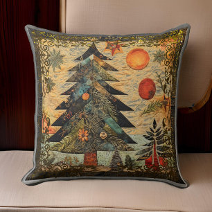 Antique Style Quilted Christmas Tree Scene Throw Pillow
