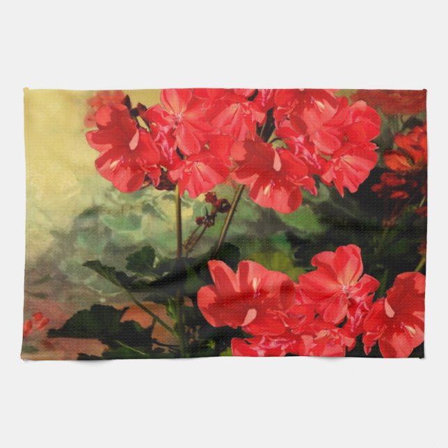 Antique Style Red Geranium Flowers  Gifts Kitchen Towel (Horizontal)