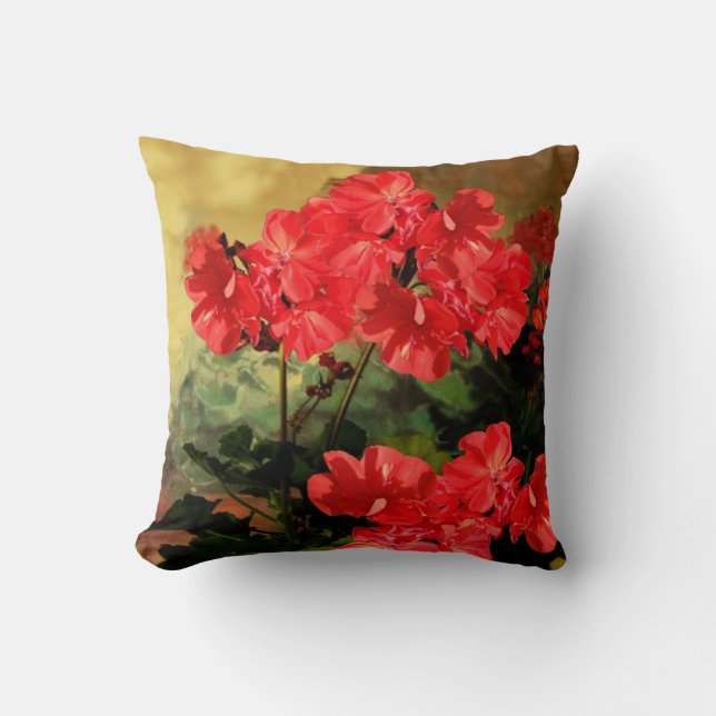 Antique Style Red Geranium Flowers Pillow (Front)