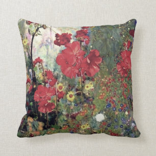 Antique Style Red Geranium Garden Flowers Throw Pillow
