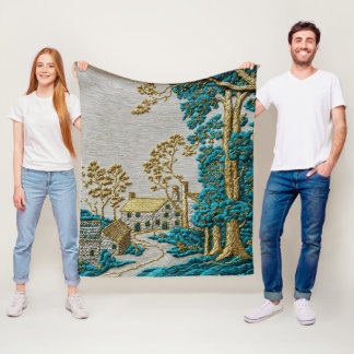 Antique Style Teal + Gold Colour Rural Fleece Blanket