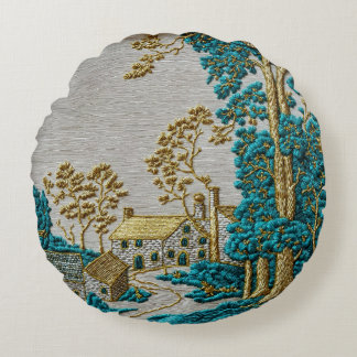 Antique Style Teal + Gold Colour Rural Round Pillow