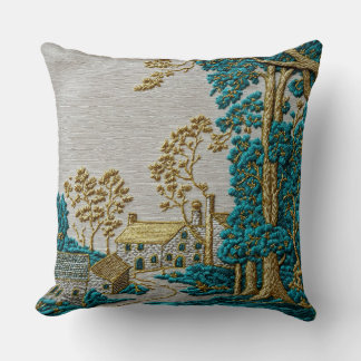 Antique Style Teal + Gold Colour Rural Throw Pillow