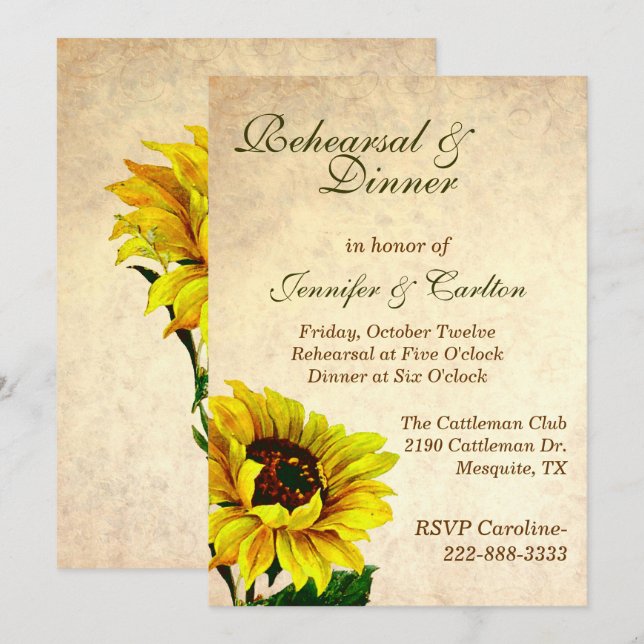 Antique Sunflowers Wedding Rehearsal Invitation (Front/Back)