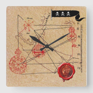 ANTIQUE TALISMAN / PIRATES TREASURE MAP PARCHMENT SQUARE WALL CLOCK