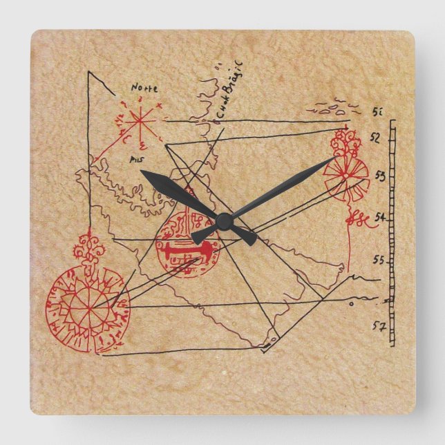 ANTIQUE TALISMAN / PIRATES TREASURE MAP PARCHMENT SQUARE WALL CLOCK (Front)
