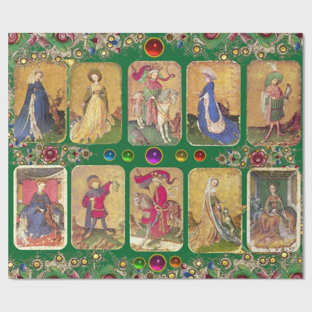 Antique Tarots,German Court Cards,Green Floral Wrapping Paper (Flat)