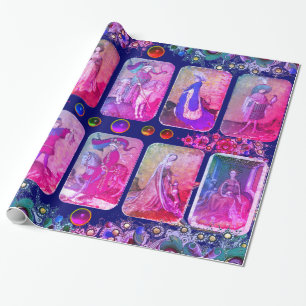Antique Tarots,German Court Cards,Pink Blue Floral Wrapping Paper