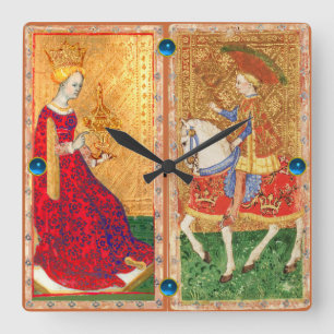 ANTIQUE TAROTS/ KNIGHT AND QUEEN OF CUPS SQUARE WALL CLOCK