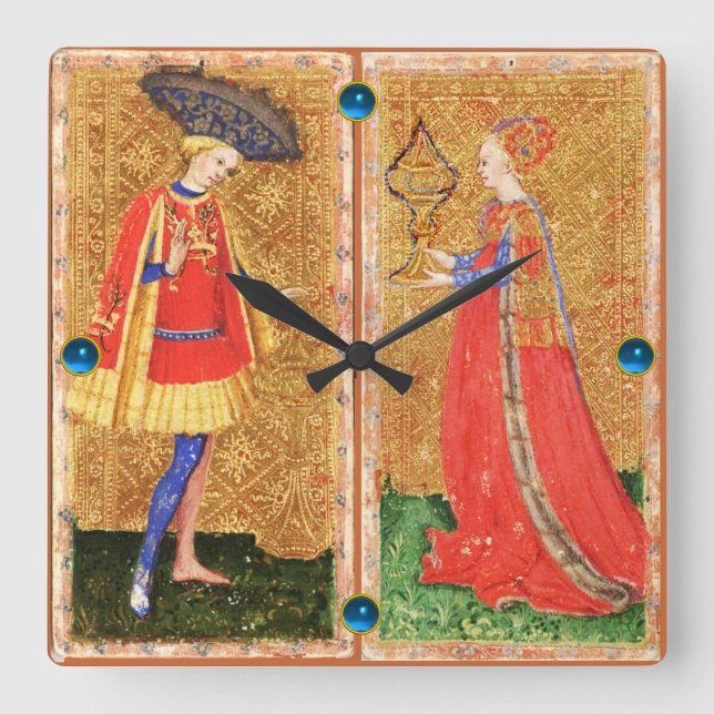ANTIQUE TAROTS / PAGE AND MAID OF CUPS SQUARE WALL CLOCK (Front)