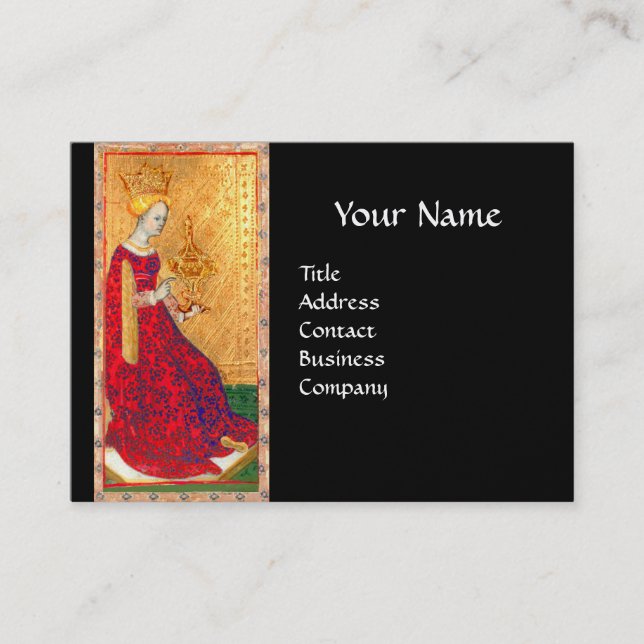 ANTIQUE TAROTS QUEEN OF CUPS GOLD BLACK MONOGRAM BUSINESS CARD (Front)