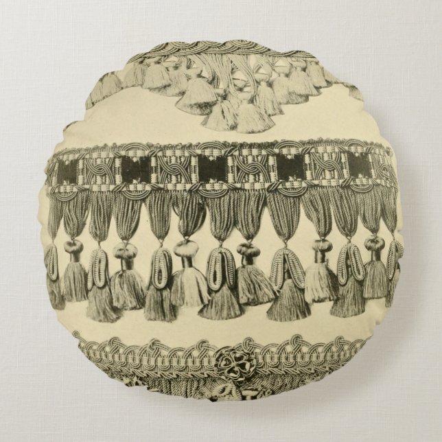 Antique tassel lace tribal pattern cream black round pillow (Front)