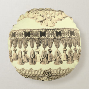Antique tassel lace tribal pattern cream black round pillow
