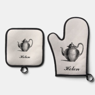 Antique Tea Pot With Name Oven Mitt & Pot Holder Set