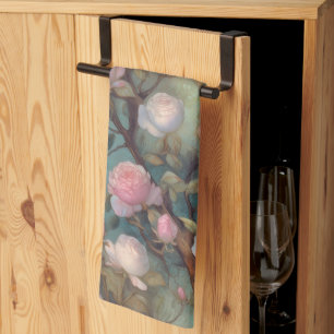 Antique tea roses on teal pattern kitchen towel