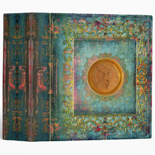 Antique Teal and Gold Stag Emblem Ancient Tome Binder