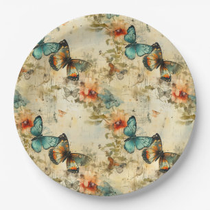 Antique Teal Orange Butterfly Floral Paper Plate