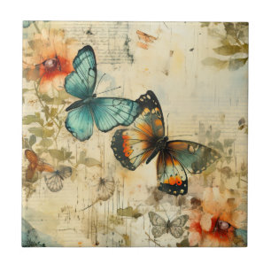 Antique Teal Orange Butterfly Floral Tile