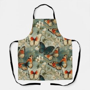 Antique Teal Orange Butterfly White Blossom Apron