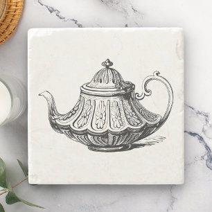 Antique Teapot Illustration Stone Coaster