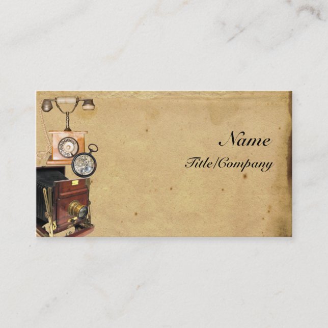 Antique Telephone, Compass, and Camera Business Card (Front)