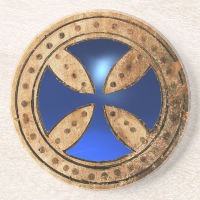 ANTIQUE TEMPLAR CROSS Blue Sapphire Gem Coaster (Front)