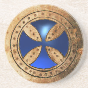 ANTIQUE TEMPLAR CROSS Blue Sapphire Gem Coaster