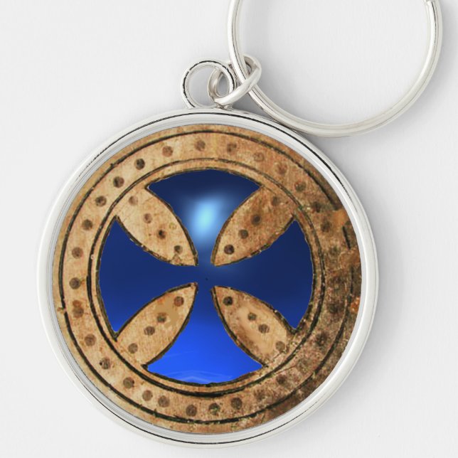 ANTIQUE TEMPLAR CROSS Blue Sapphire Gem Keychain (Front)