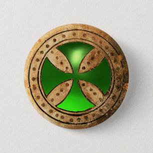 ANTIQUE TEMPLAR CROSS Green Emerald Gem 2 Inch Round Button
