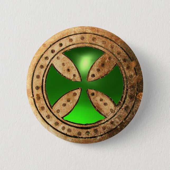 ANTIQUE TEMPLAR CROSS Green Emerald Gem 2 Inch Round Button (Front)