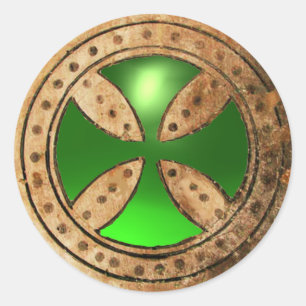 ANTIQUE TEMPLAR CROSS Green Emerald Gem Classic Round Sticker