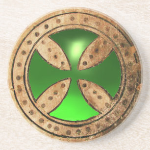 ANTIQUE TEMPLAR CROSS Green Emerald Gem Coaster
