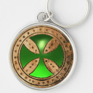 ANTIQUE TEMPLAR CROSS Green Emerald Gem Keychain